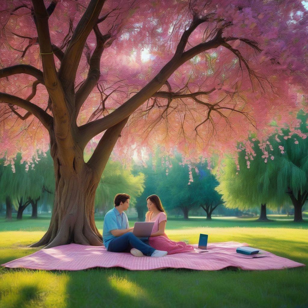 A contrasting scene split between a serene romantic setting with a couple enjoying a picnic under a willow tree on one side, and a high-tech cybersecurity control room filled with monitors displaying digital security codes and graphs on the other. The blend of soft romantic colors with sharp, futuristic tones symbolizes the juxtaposition of love and technology. Include elements like a heart-shaped lock and binary code intertwining around the tree. vibrant colors. super-realistic.
