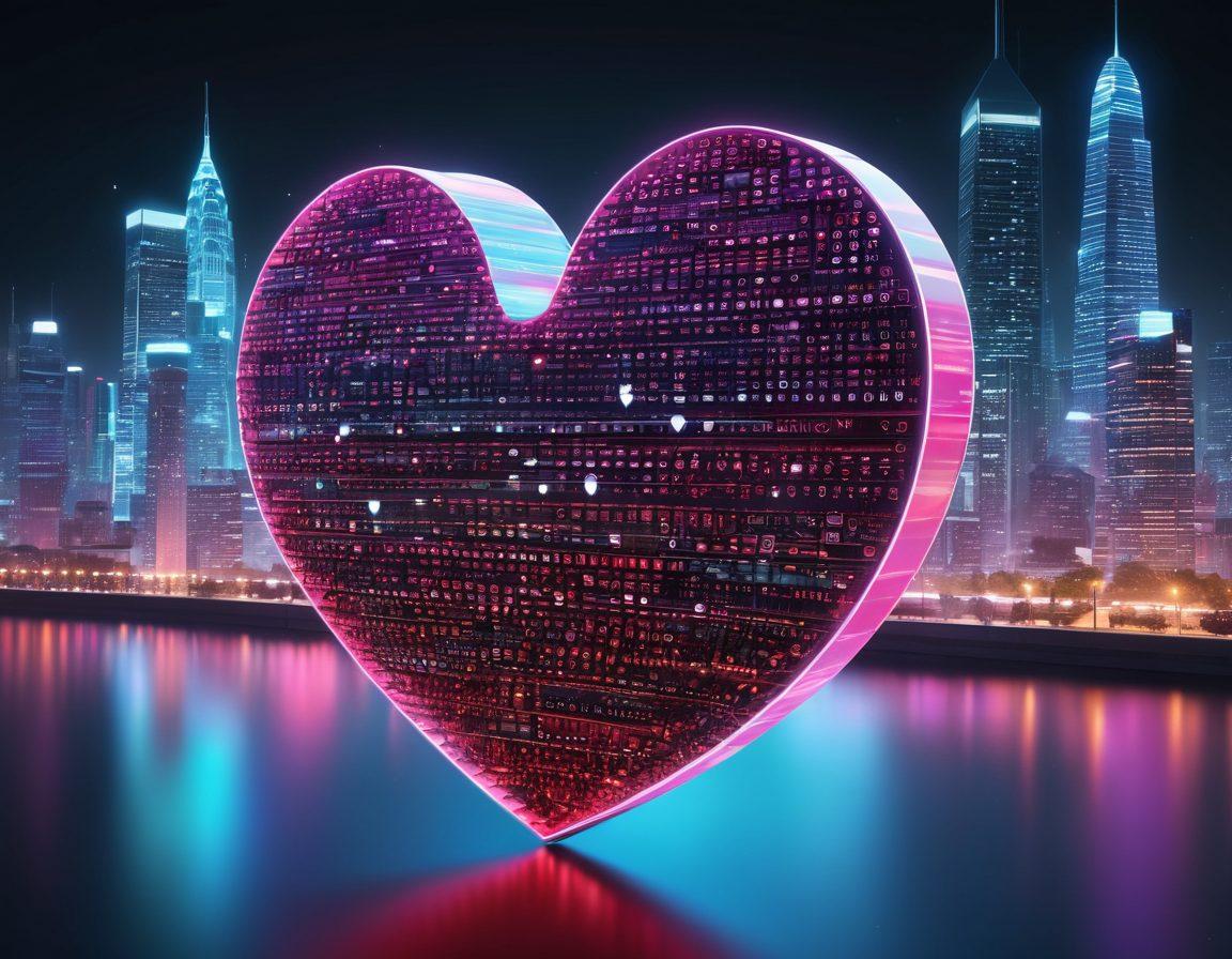 A digital heart, composed of glowing binary code, entwined with a shield symbolizing cybersecurity. Surround the heart with elements representing online romance, like chat bubbles, love letters, and digital devices gently glowing in a warm light. Include a backdrop of a pixelated city skyline, giving a futuristic feel to the scene. The overall atmosphere should be warm and protective, merging themes of love and technology. vibrant colors. 3D.