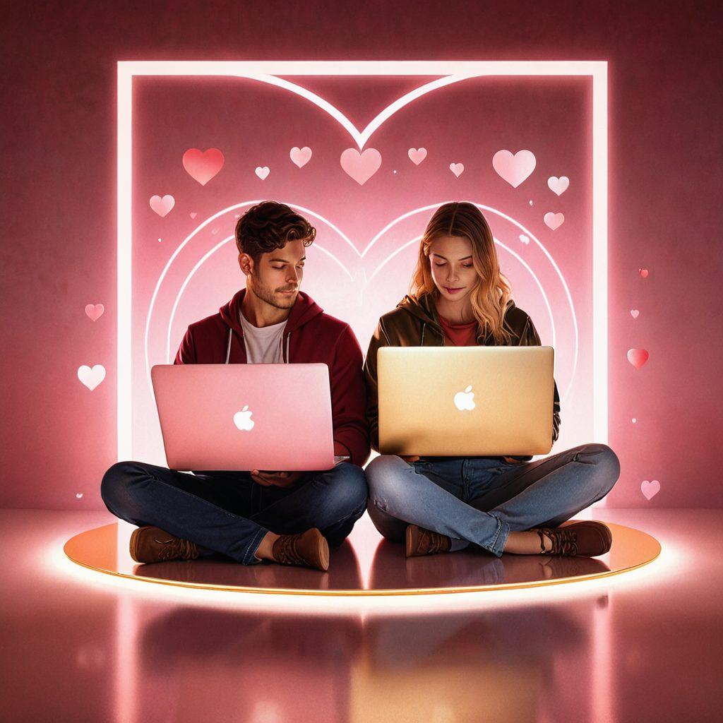 A romantic setting featuring a couple sitting together with their laptops, surrounded by floating digital shields symbolizing protection against online threats. Soft heart motifs integrated into the background representing love and security. Warm colors to evoke a feeling of intimacy and safety in a digital world. super-realistic. vibrant colors. soft focus.